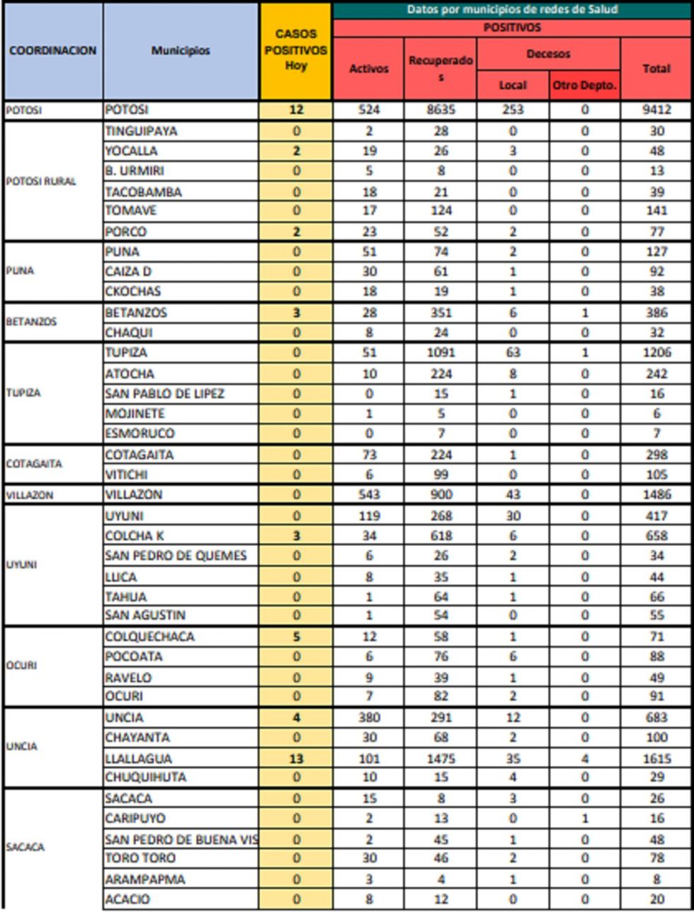 Reporte departamental del Sedes Potosí