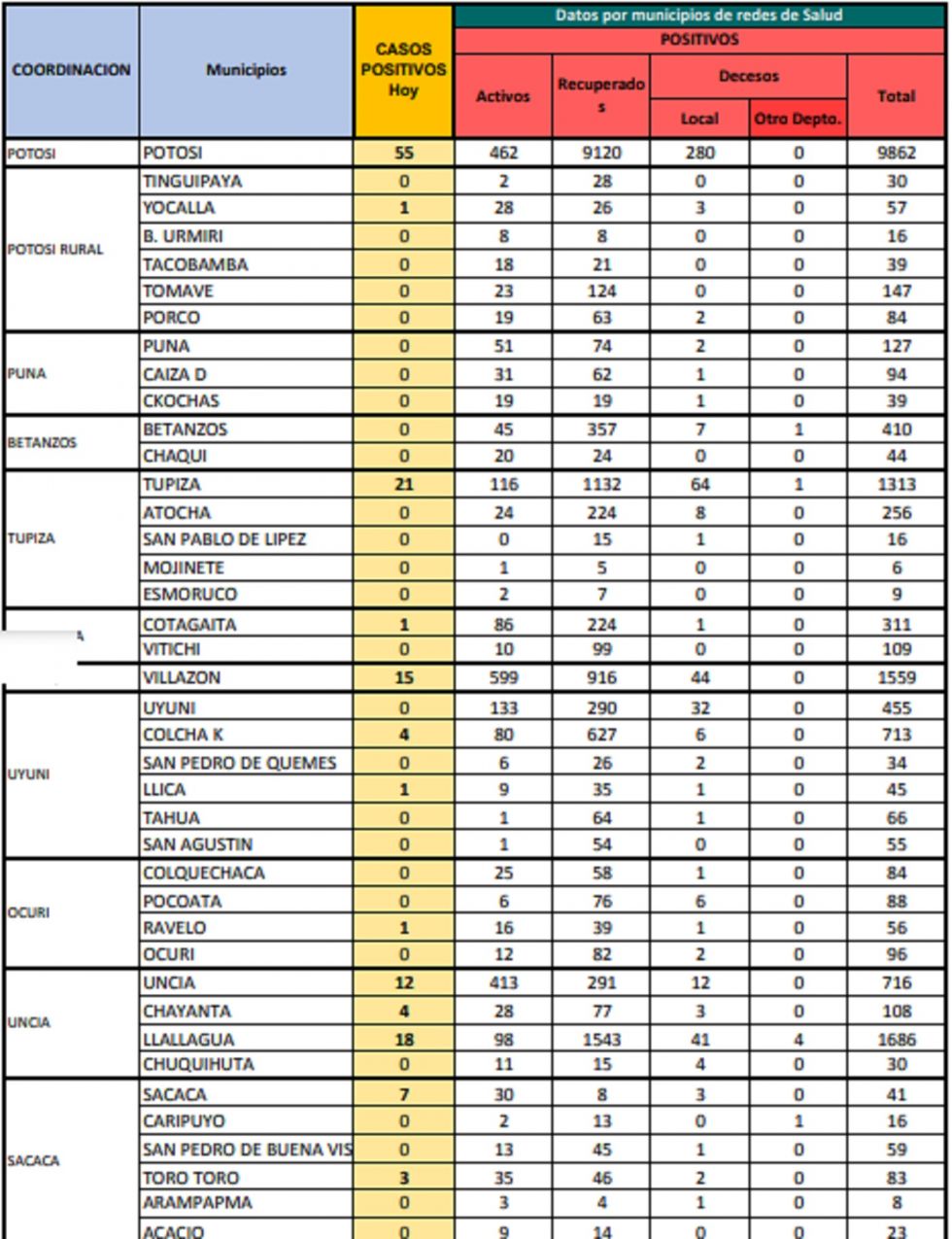Reporte departamental del Sedes Potosí