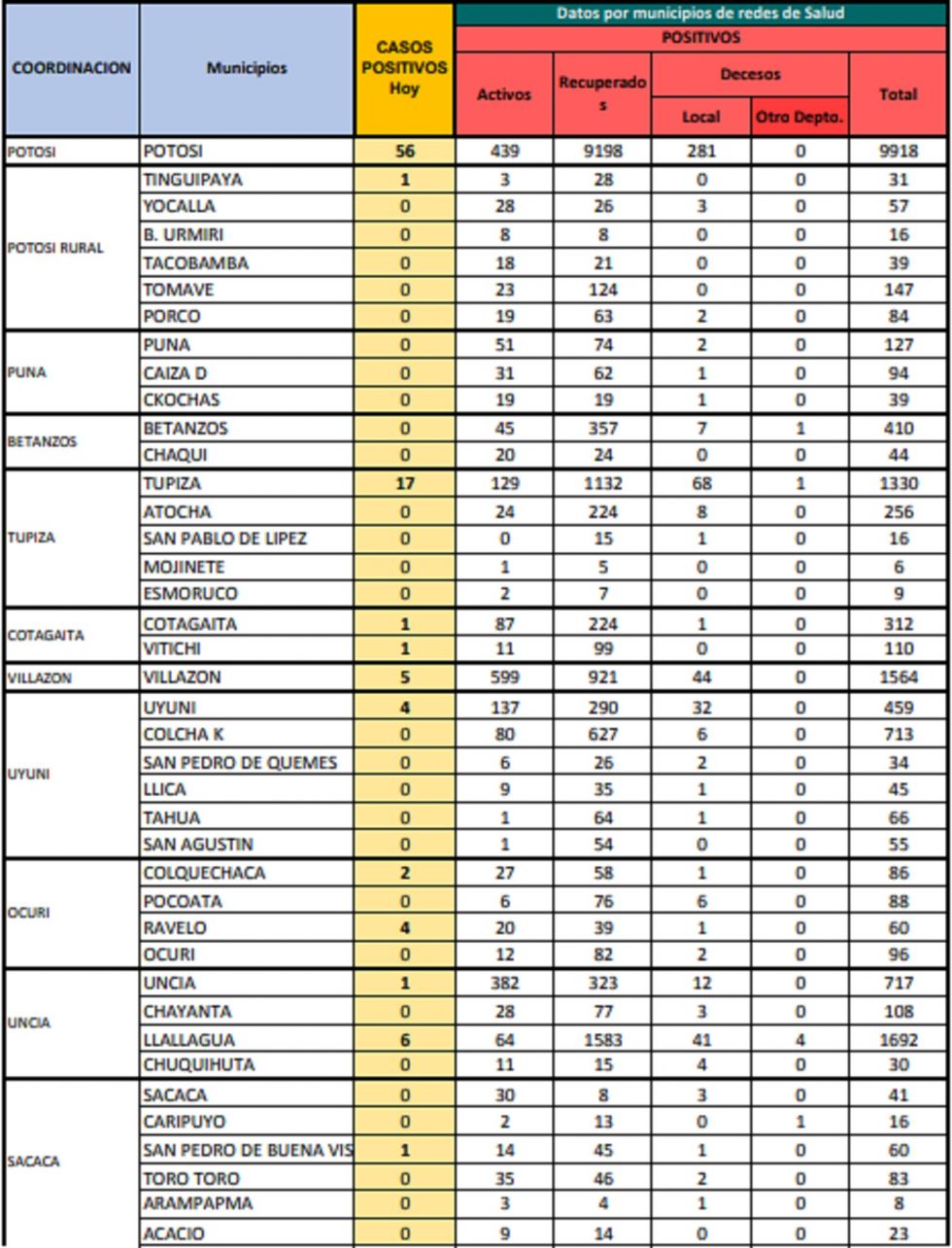 Reporte departamental del Sedes Potosí