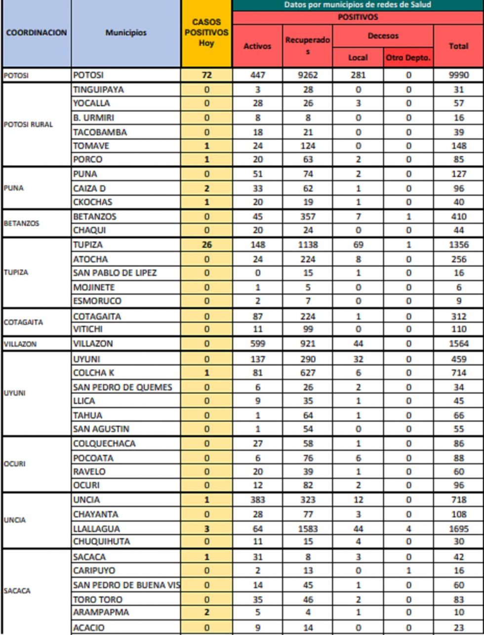 Reporte departamental del Sedes Potosí
