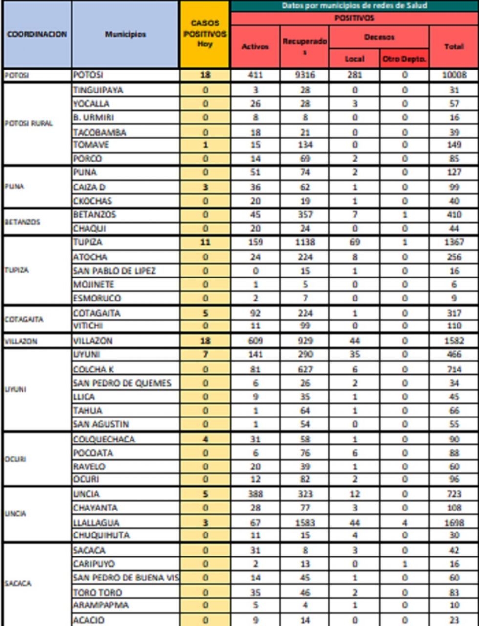 Reporte departamental del Sedes Potosí