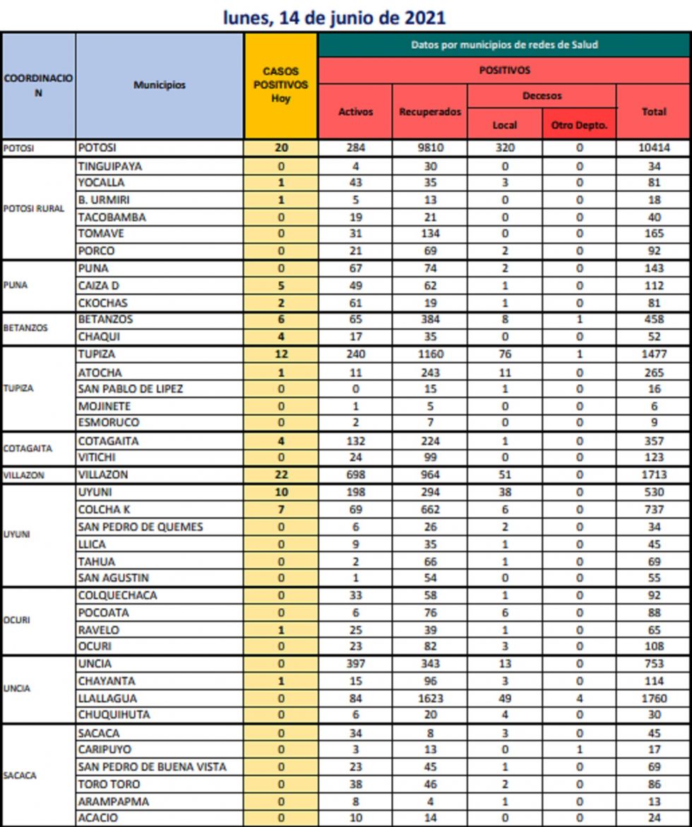 Reporte departamental del Sedes Potosí