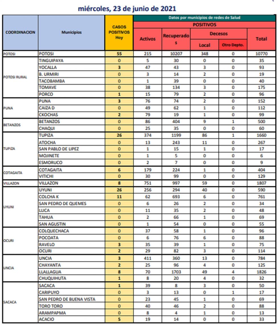 Reporte departamental del Sedes Potosí