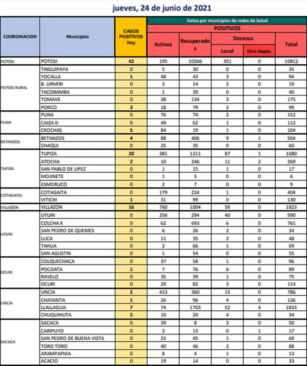 Reporte departamental del Sedes Potosí