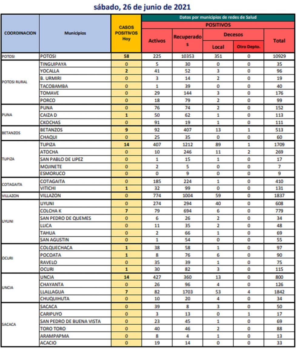 Reporte departamental del Sedes Potosí