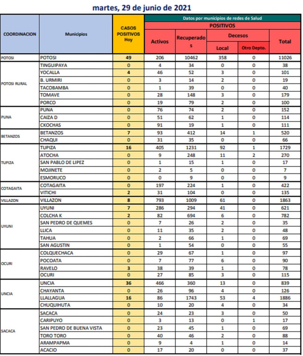Reporte departamental del Sedes Potosí