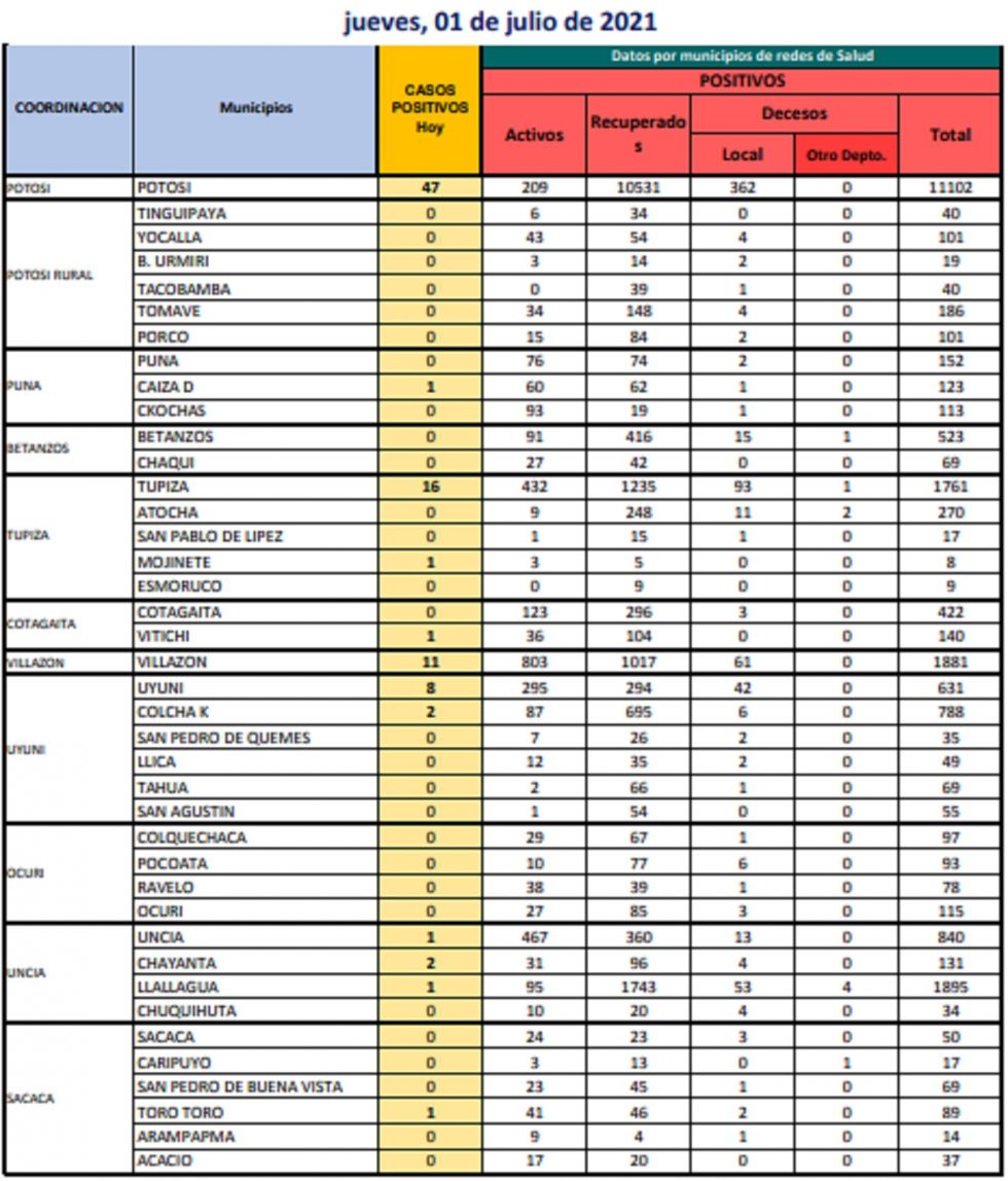Reporte departamental del Sedes Potosí