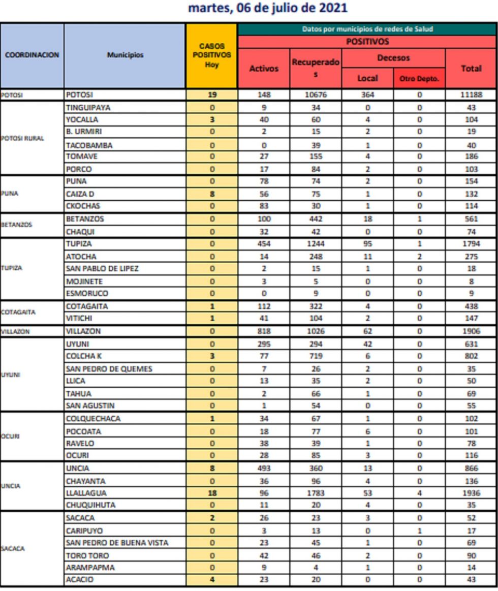 Reporte departamental del Sedes Potosí