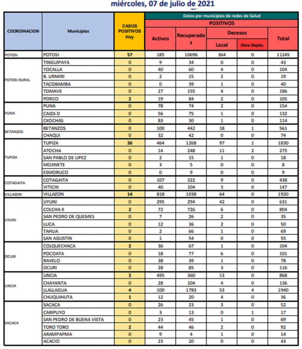 Reporte departamental del Sedes Potosí
