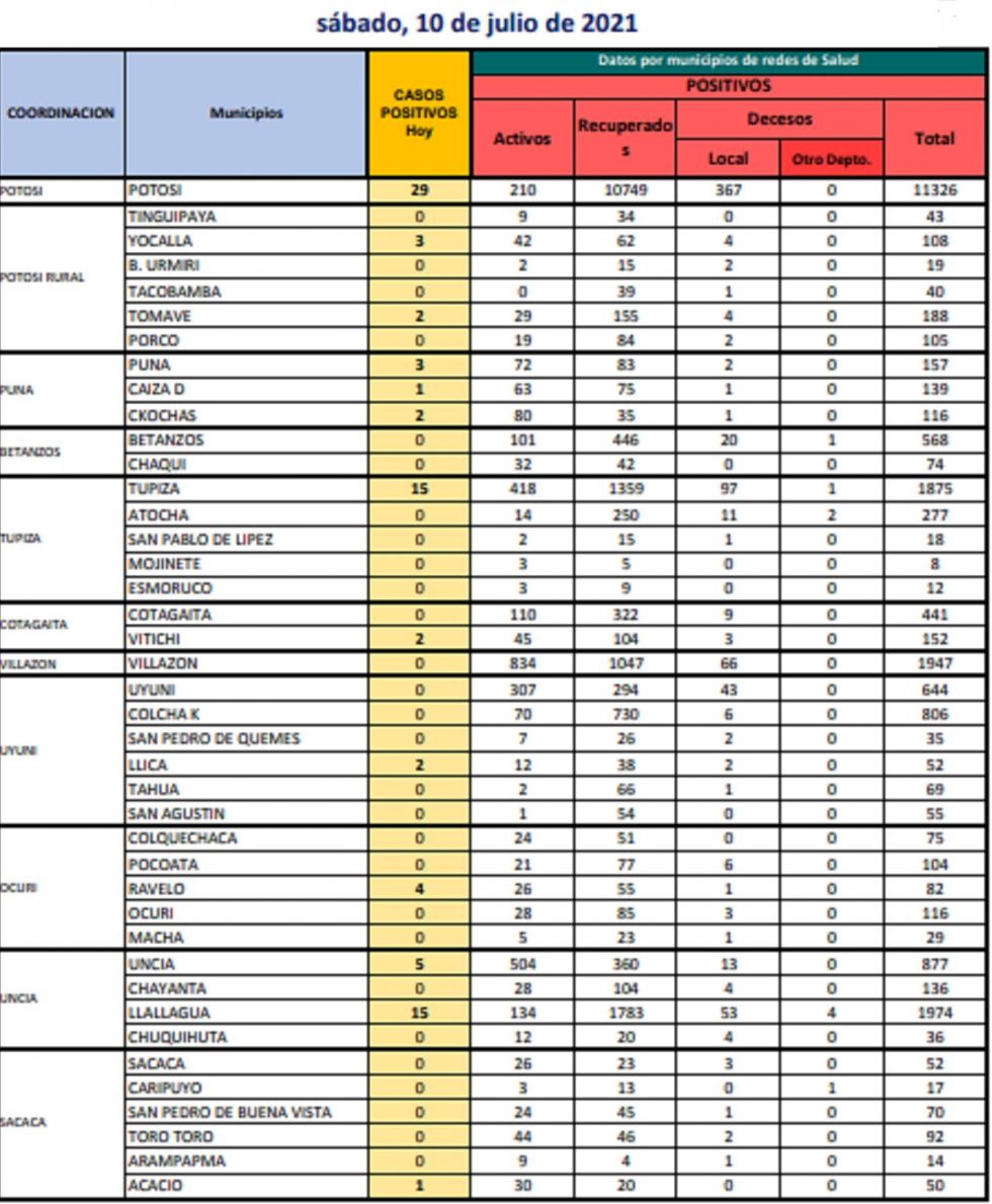 Reporte departamental del Sedes Potosí