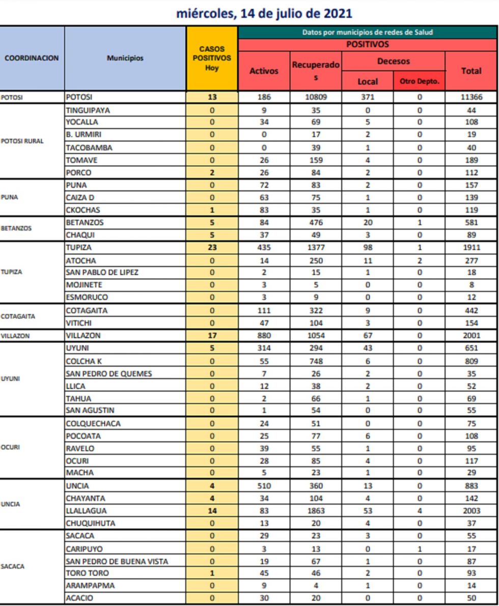 Reporte departamental del Sedes Potosí
