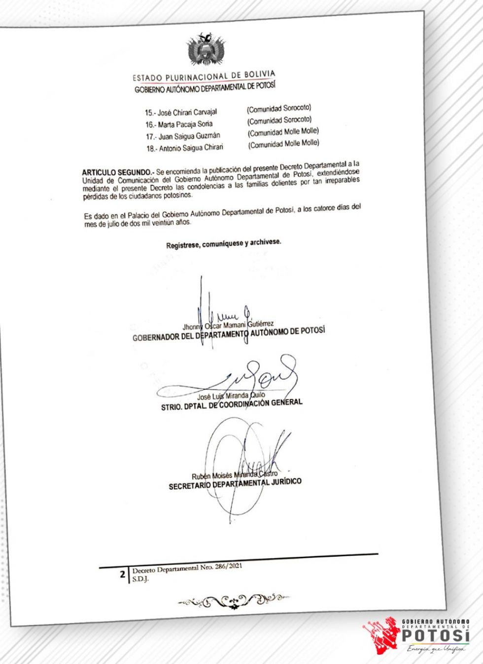 El decreto departamental