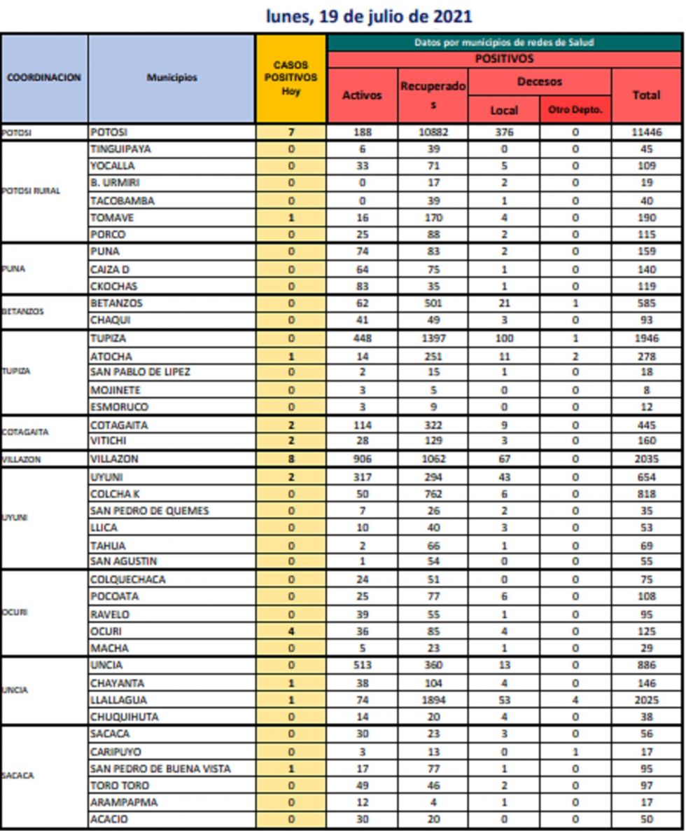 Reporte departamental del Sedes Potosí