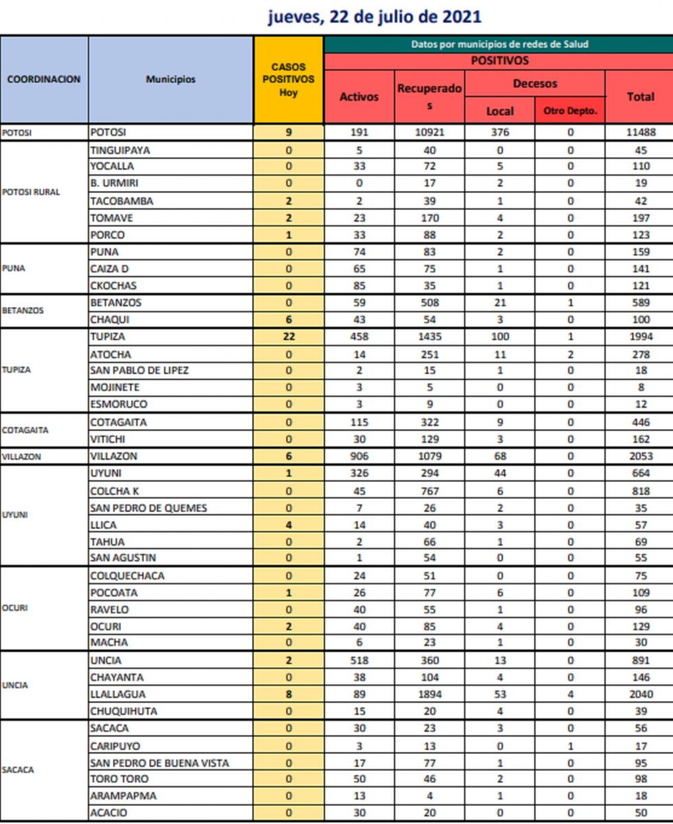 Reporte departamental del Sedes Potosí