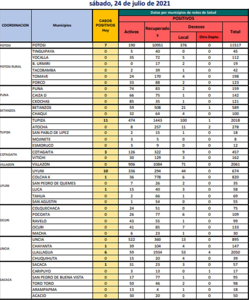 Reporte departamental del Sedes Potosí