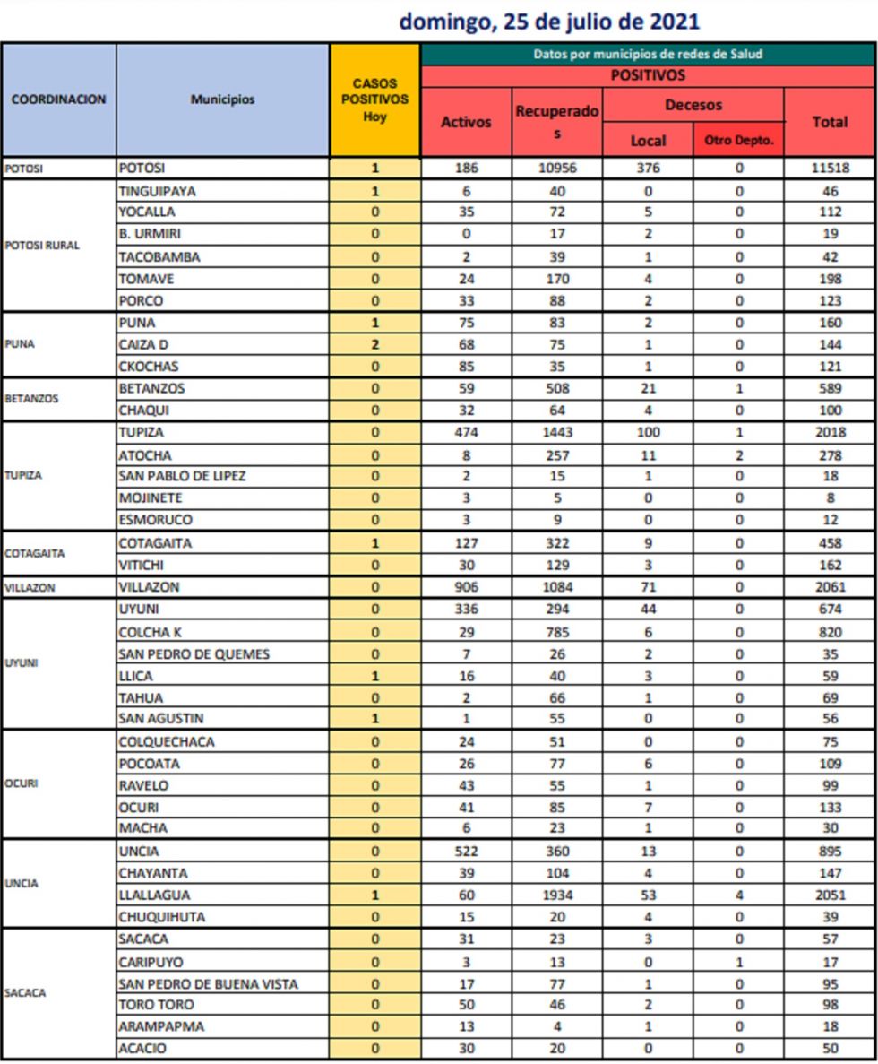 Reporte departamental del Sedes Potosí