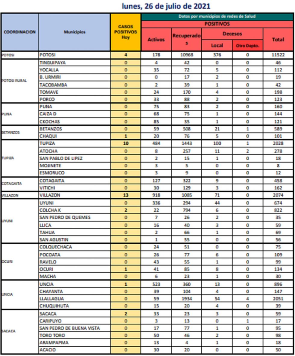 Reporte departamental del Sedes Potosí