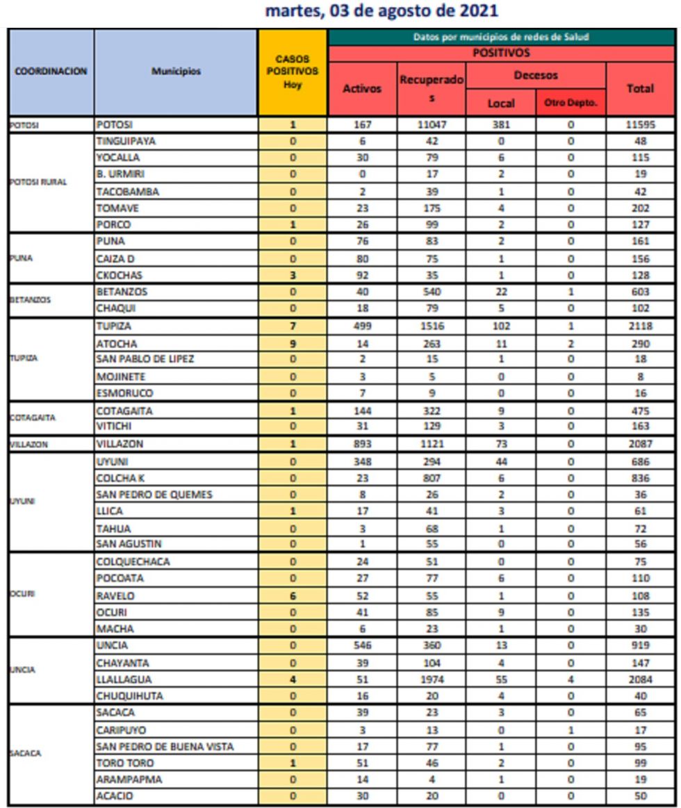 Reporte departamental del Sedes Potosí