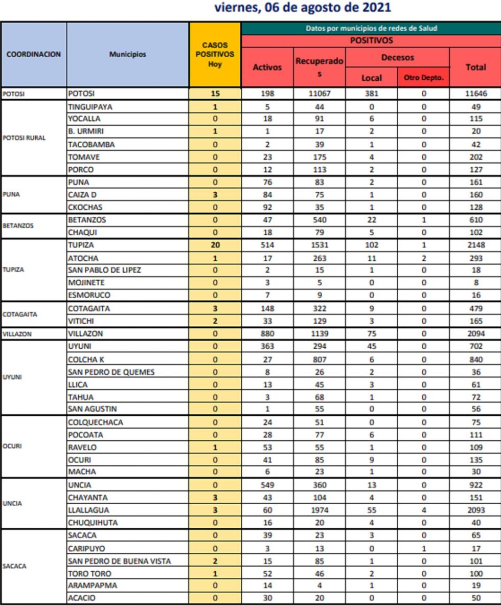 Reporte departamental del Sedes Potosí