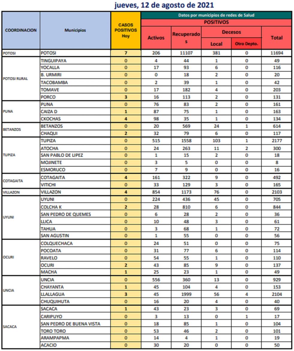 Reporte departamental del Sedes Potosí
