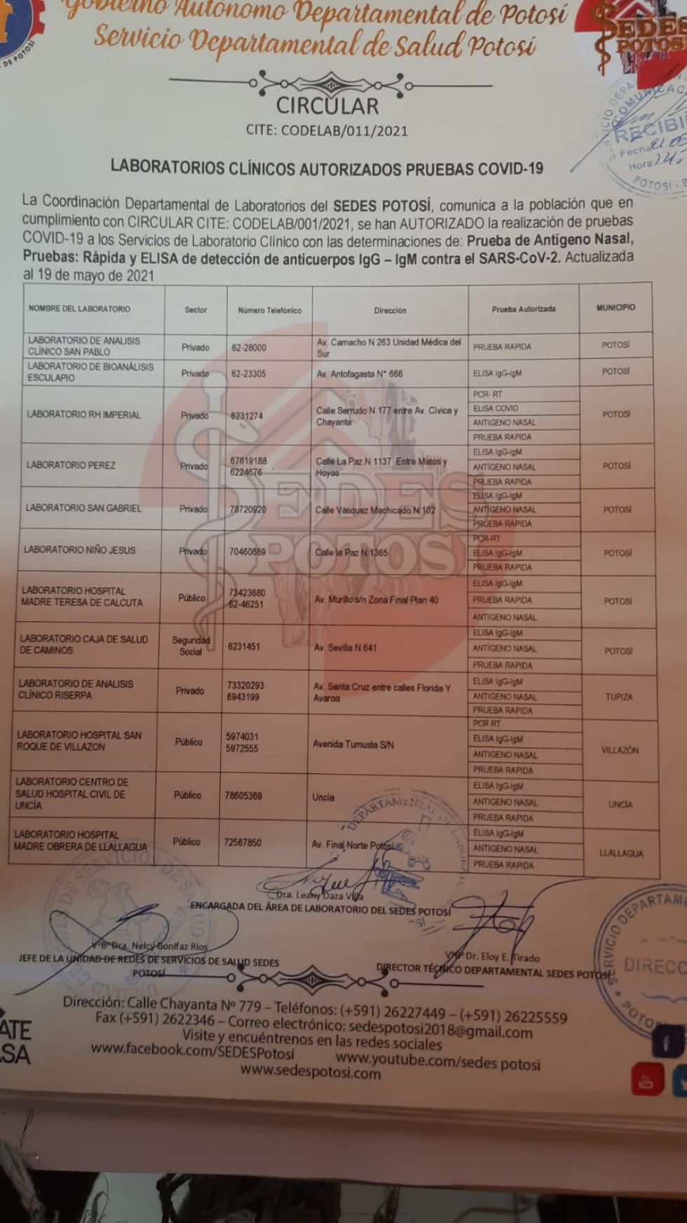 Lista de laboratorios y servicios FOTO SEDES