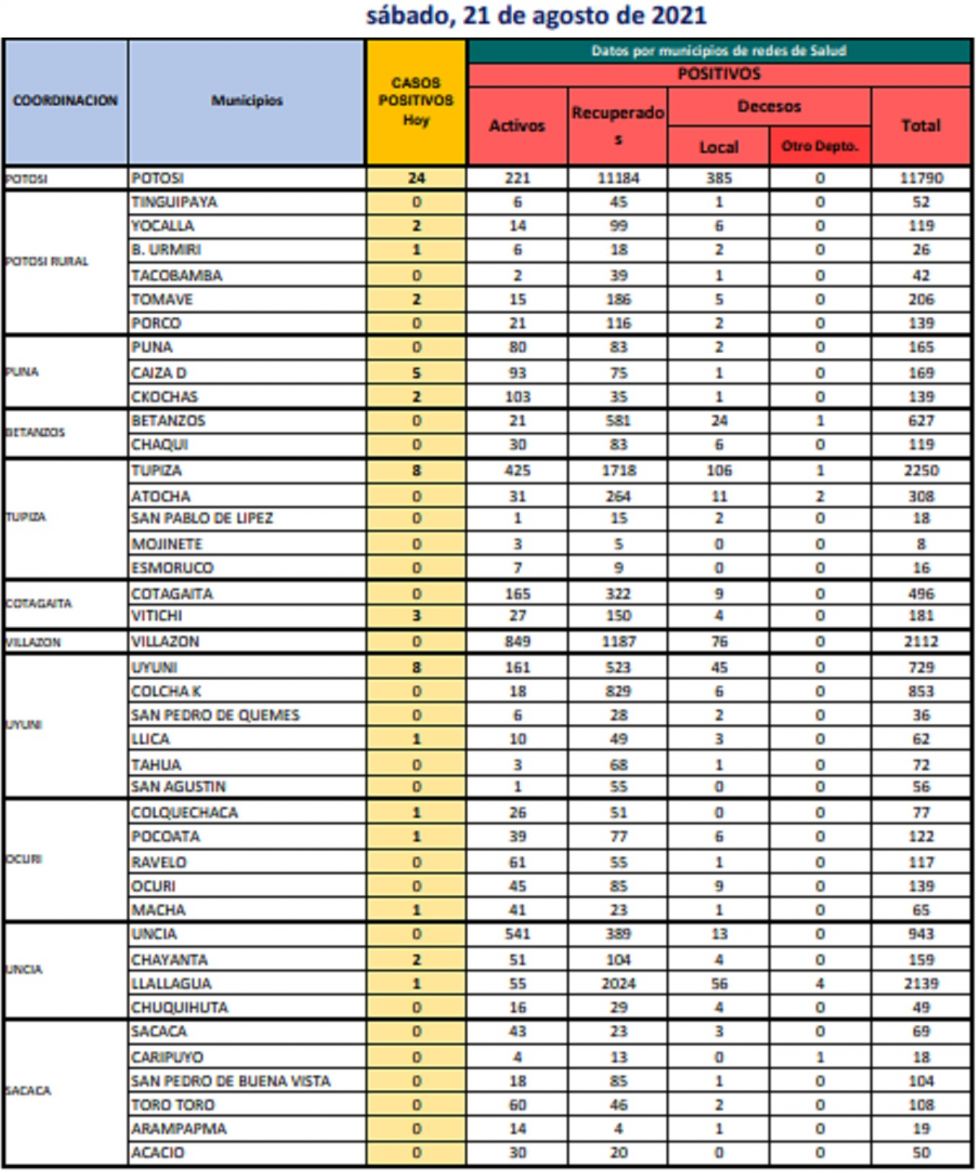 Reporte departamental del Sedes Potosí
