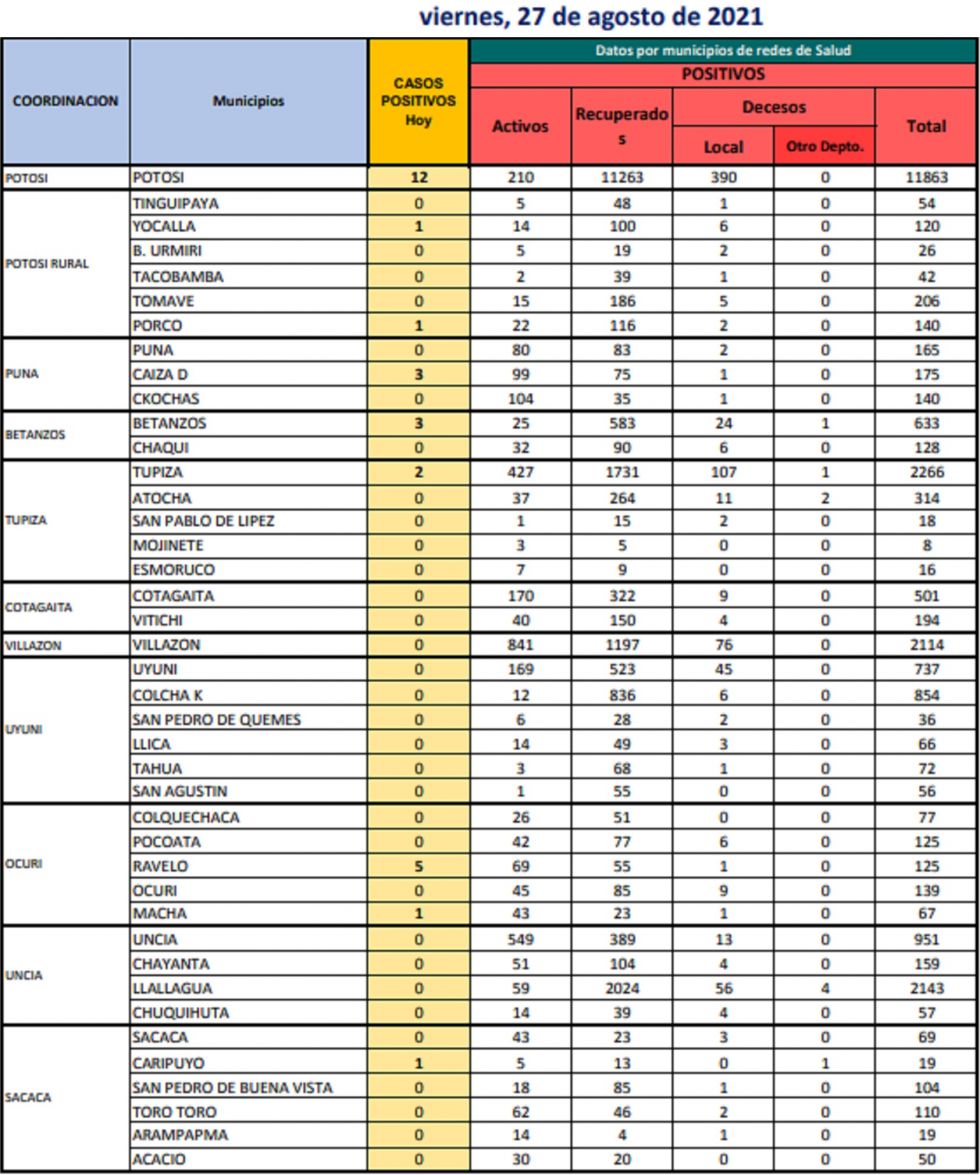 Reporte departamental del Sedes Potosí
