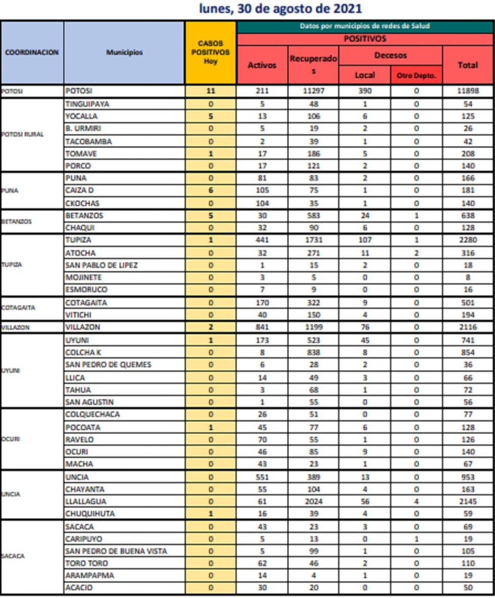 Reporte departamental del Sedes Potosí
