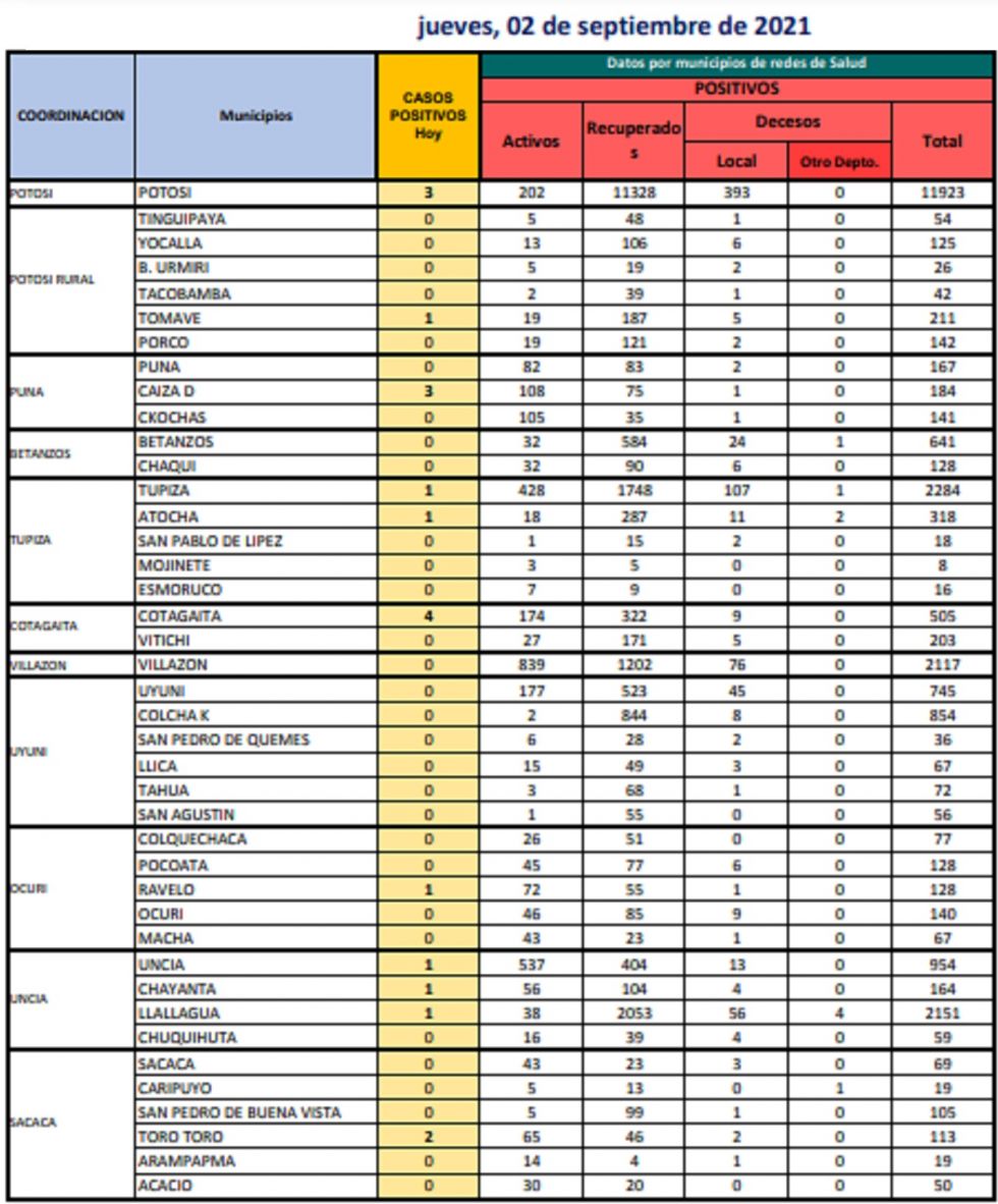 Reporte departamental del Sedes Potosí