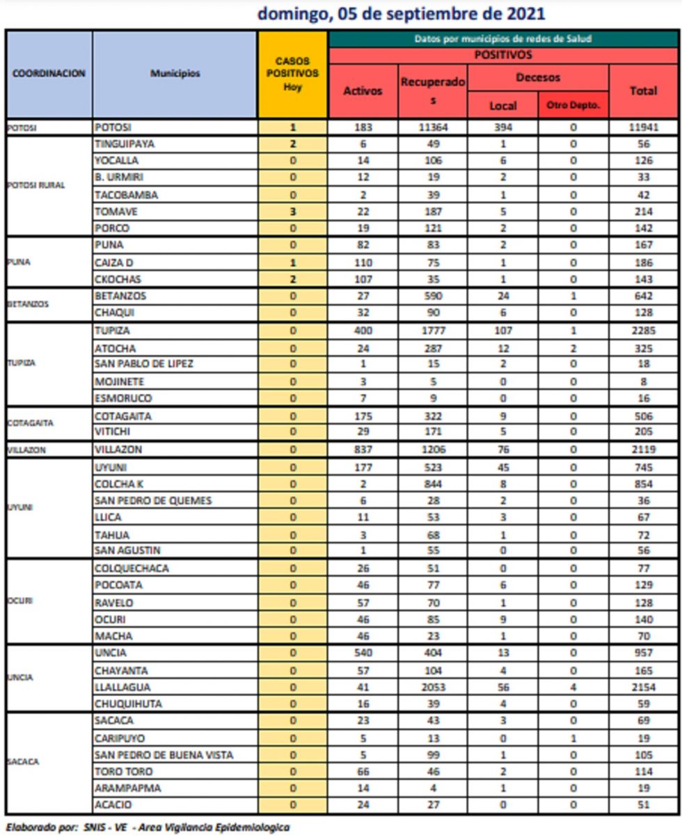 Reporte departamental del Sedes Potosí