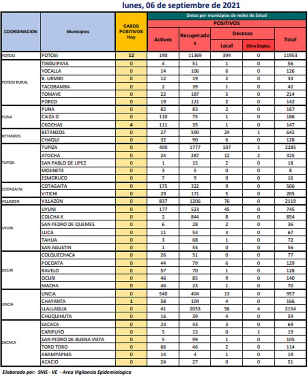Reporte departamental del Sedes Potosí