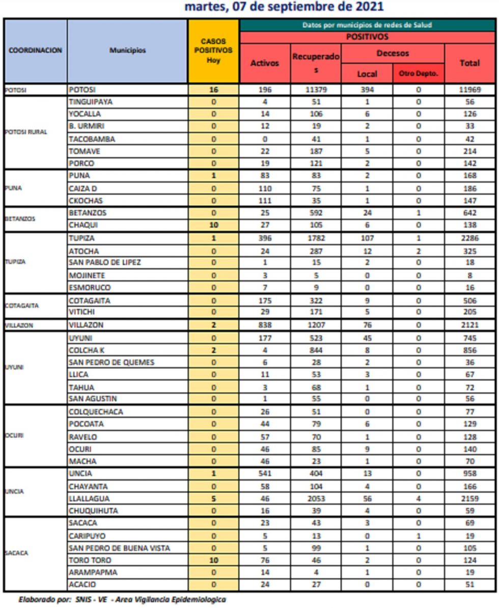 Reporte departamental del Sedes Potosí
