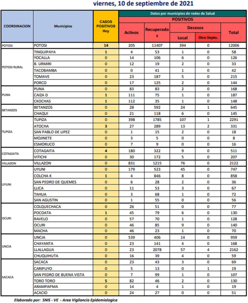Reporte departamental del Sedes Potosí