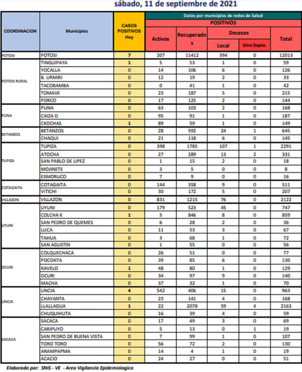 Reporte departamental del Sedes Potosí