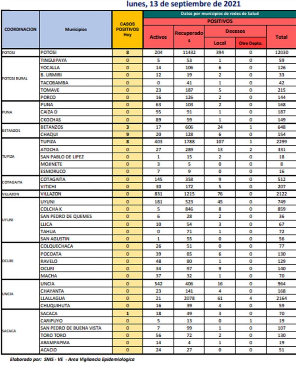 Reporte departamental del Sedes Potosí