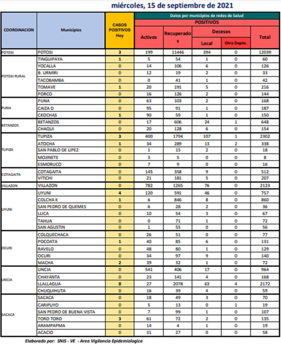 Reporte departamental del Sedes Potosí