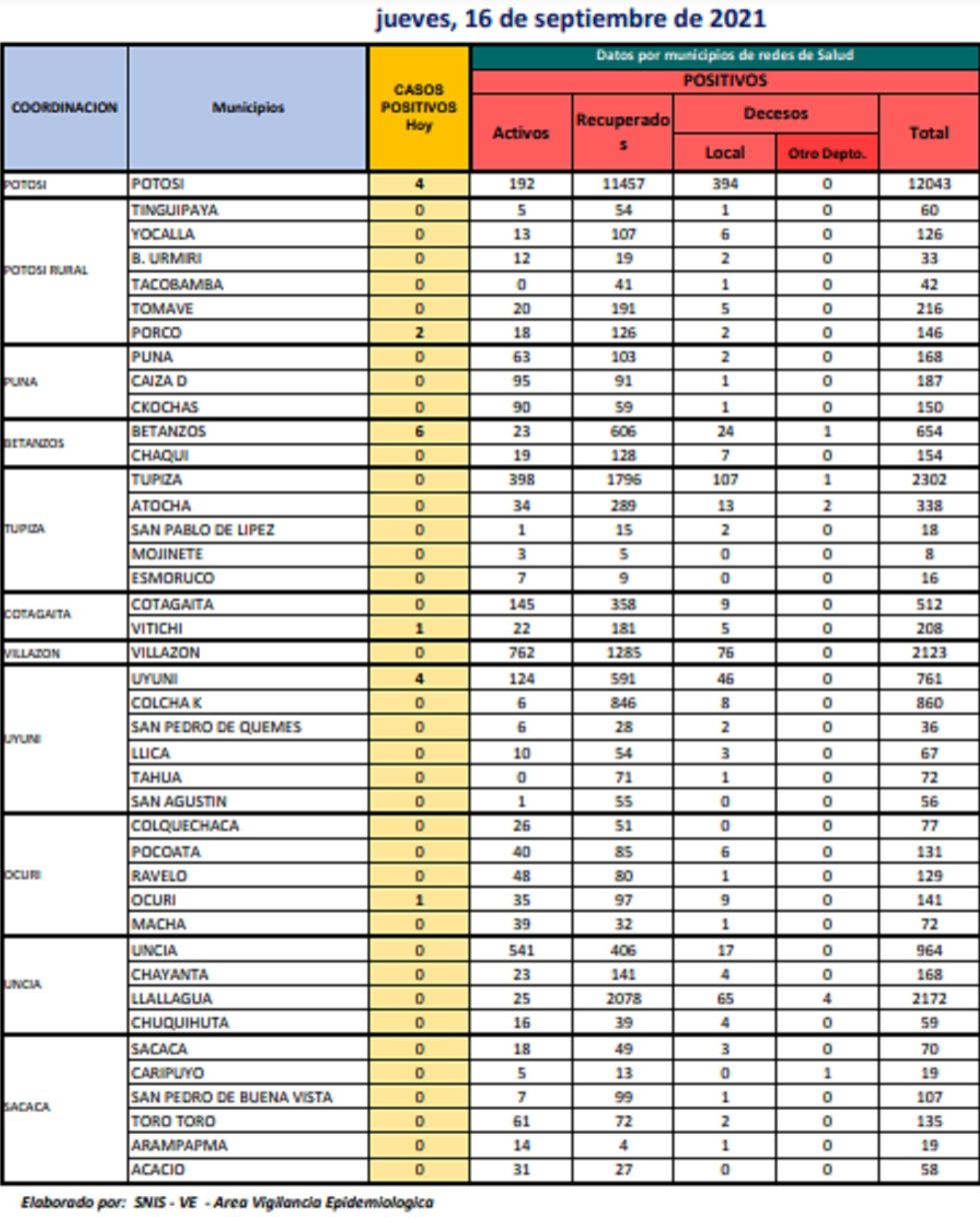 Reporte departamental del Sedes Potosí