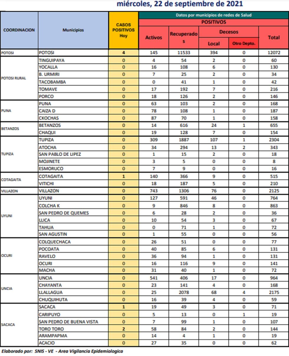 Reporte departamental del Sedes Potosí