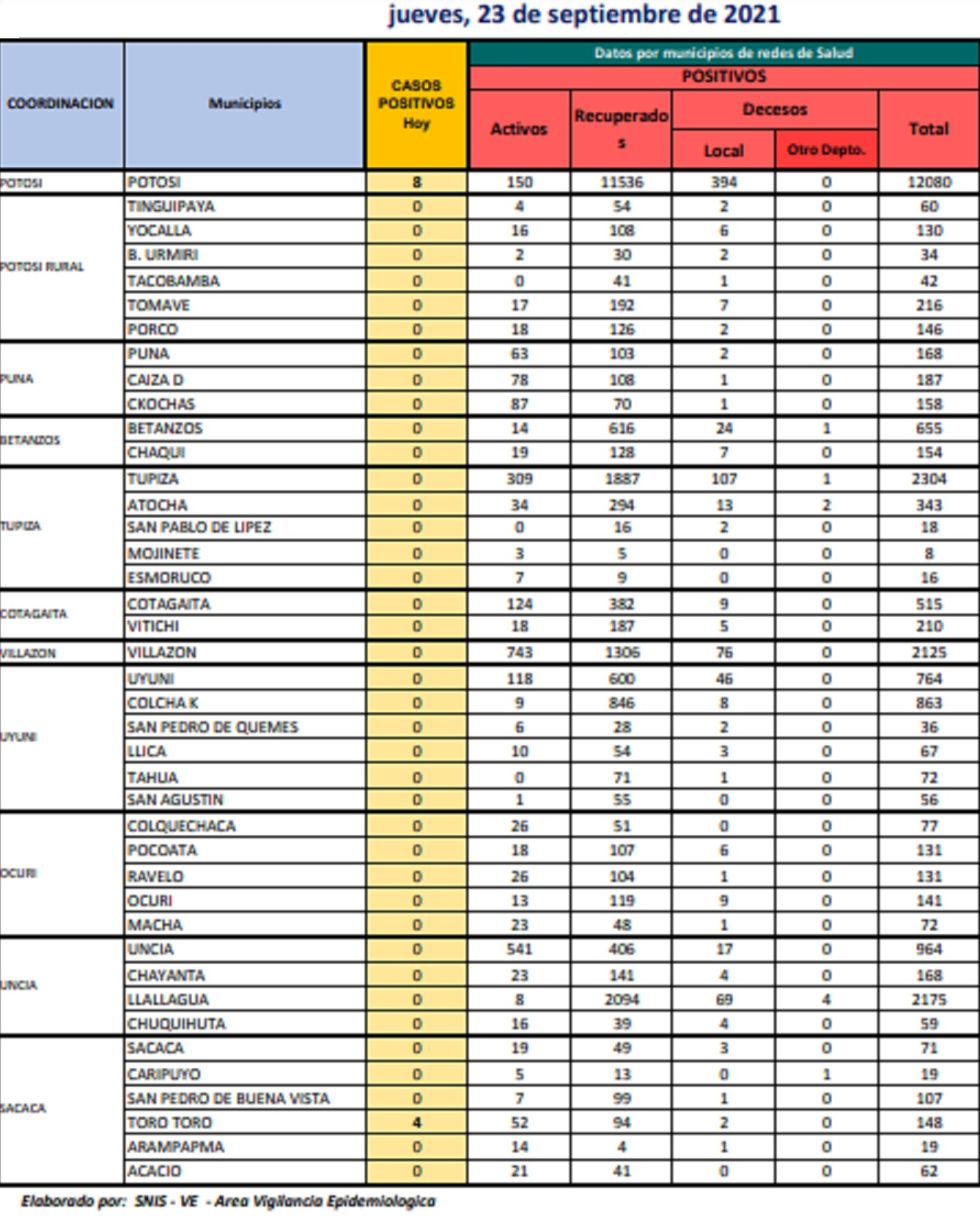 Reporte departamental del Sedes Potosí