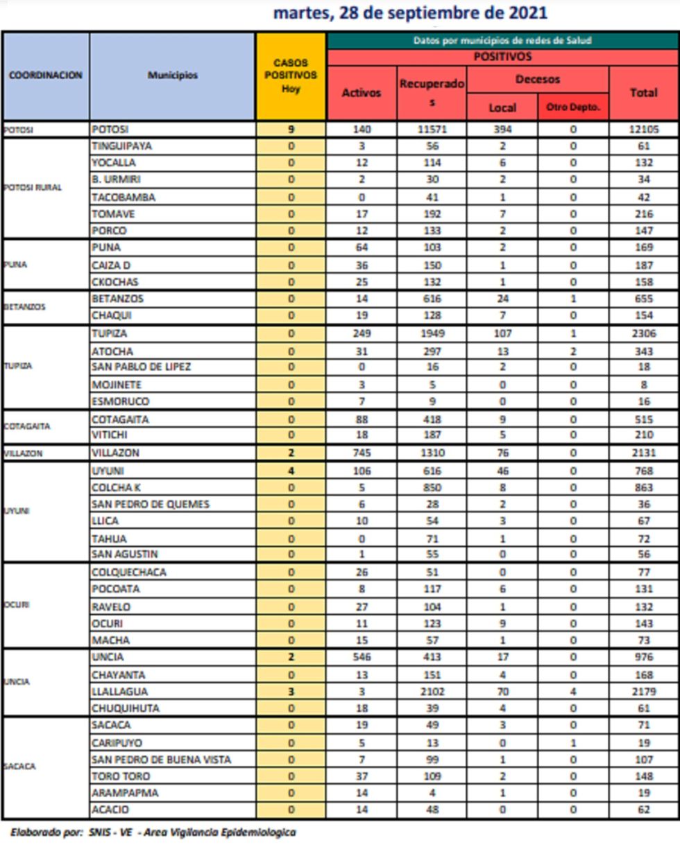 Reporte departamental del Sedes Potosí