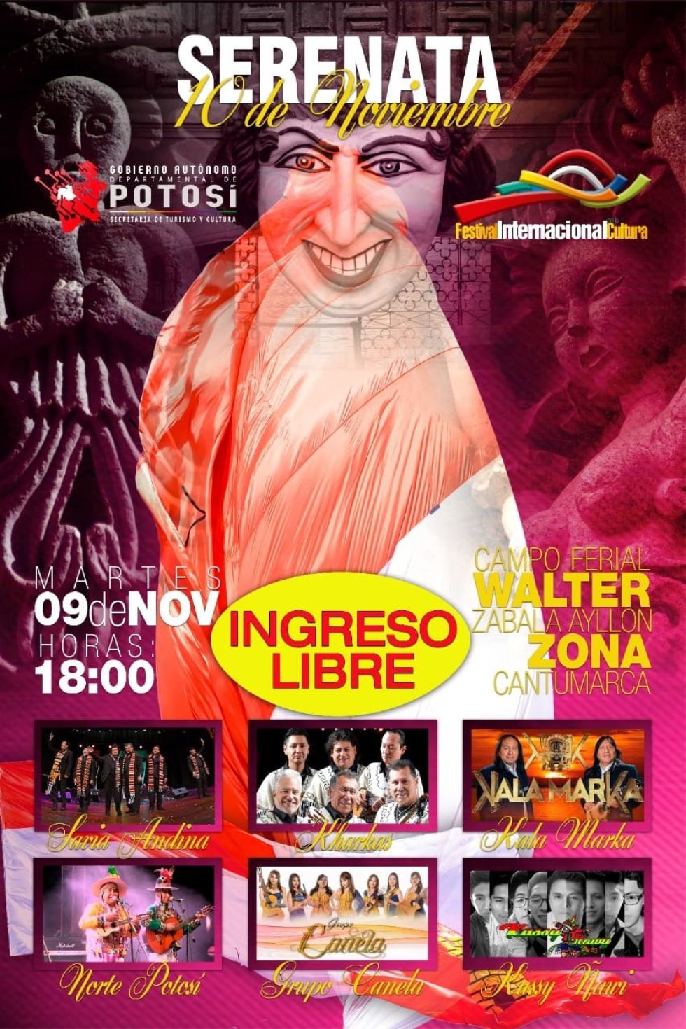 Afiche Feipobol con la sección del FIC ampliada. Afiche del lanzamiento del FIC, Afiche de la Serenata a Potosí.