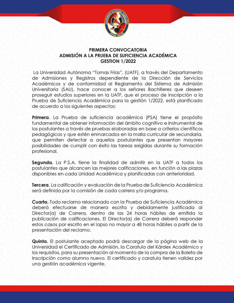 La UATF difundió la convocatoria