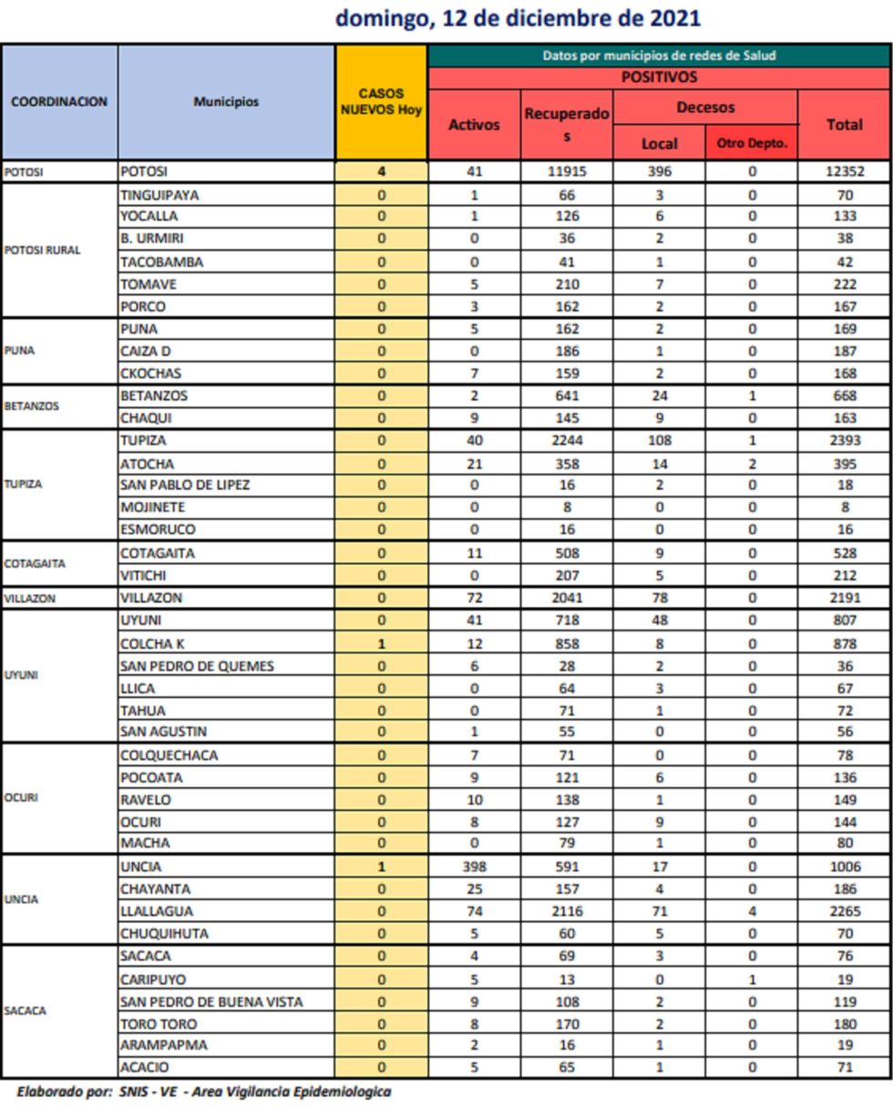 Reporte departamental del Sedes Potosí