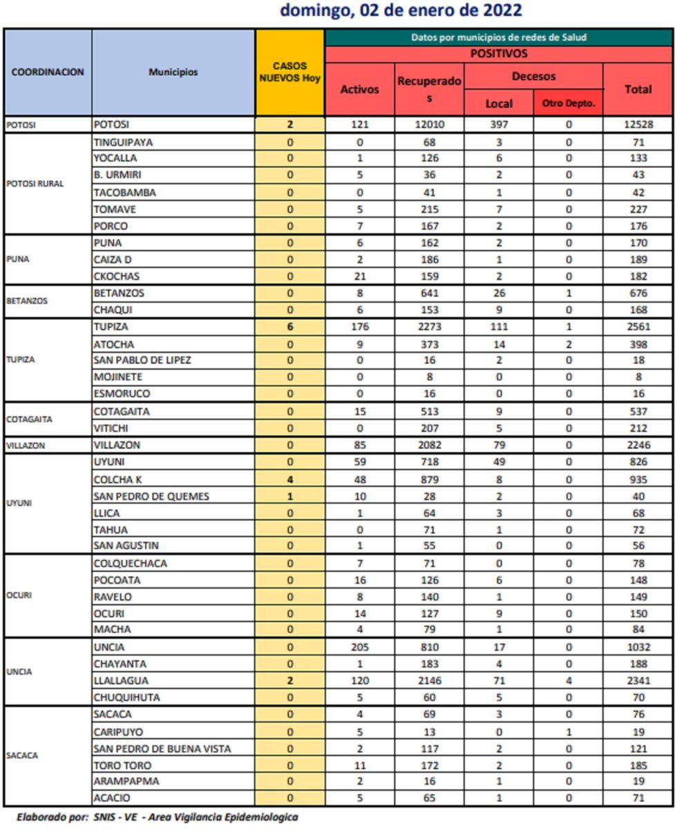 Reporte departamental del Sedes Potosí
