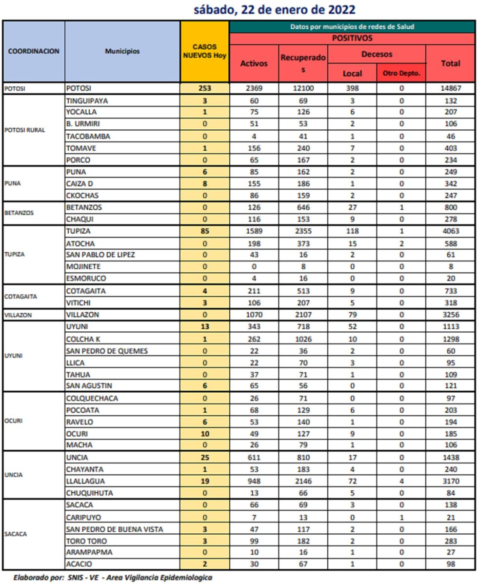 Reporte departamental del Sedes Potosí
