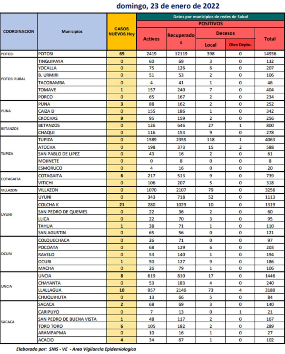 Reporte departamental del Sedes Potosí