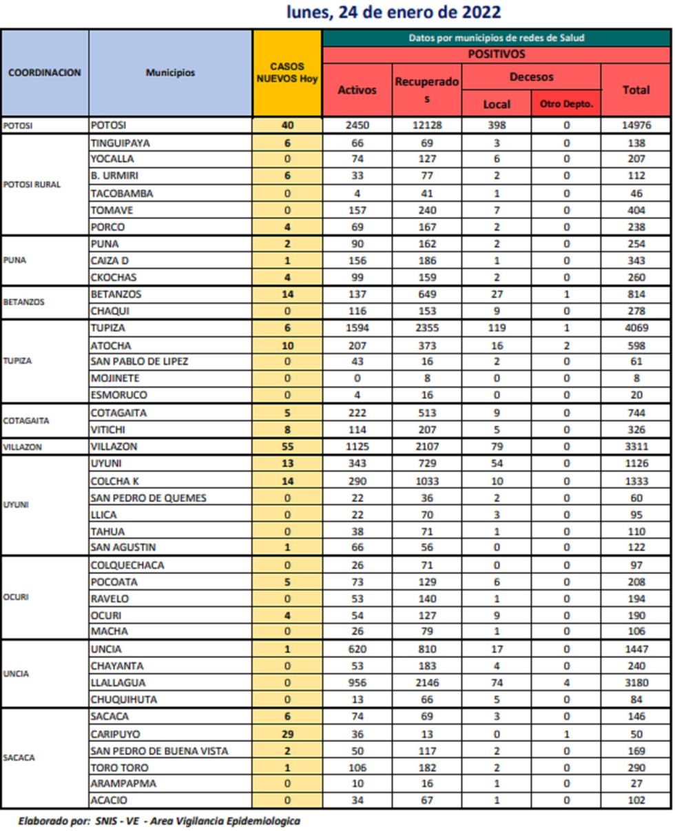 Reporte departamental del Sedes Potosí