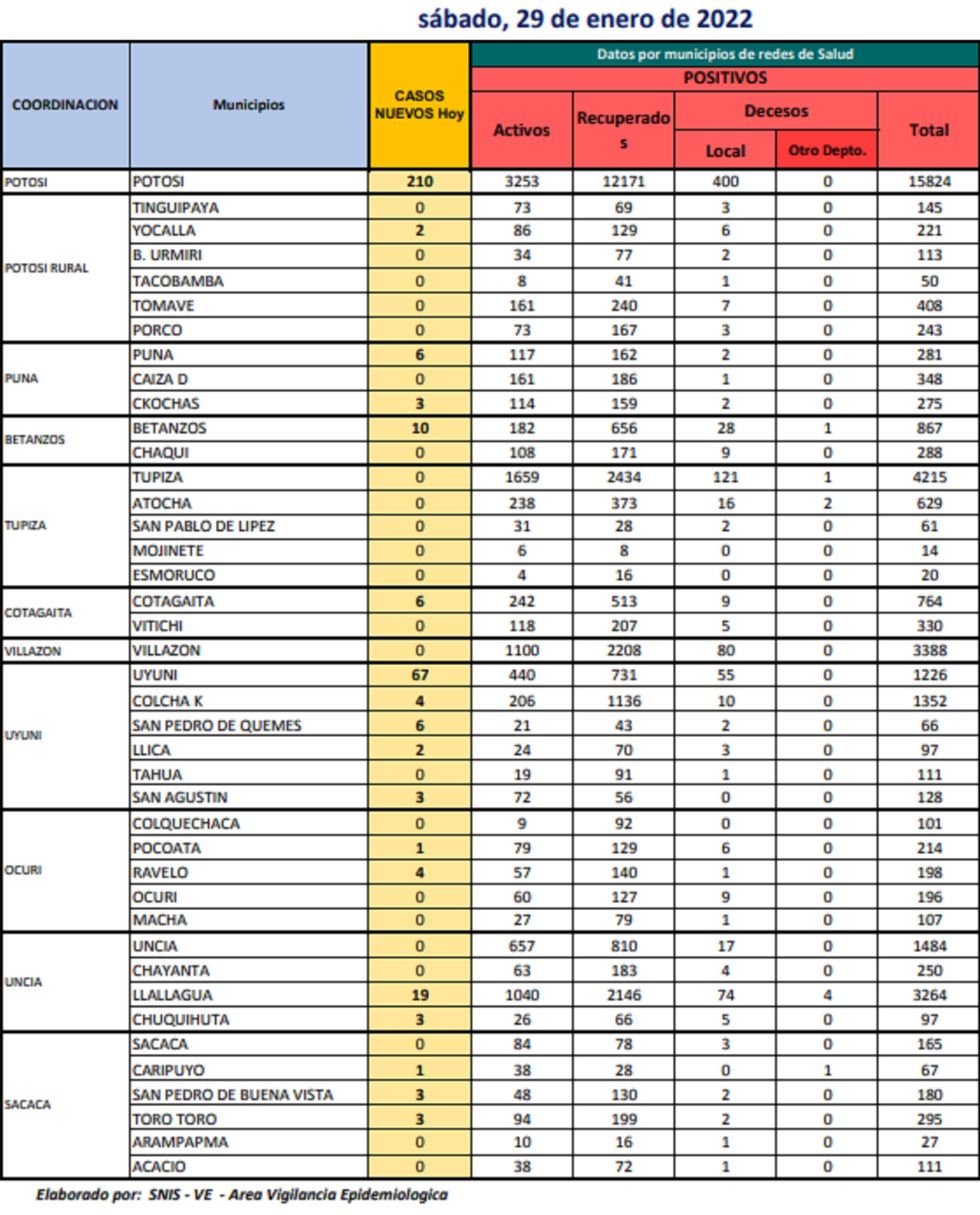 Reporte departamental del Sedes Potosí