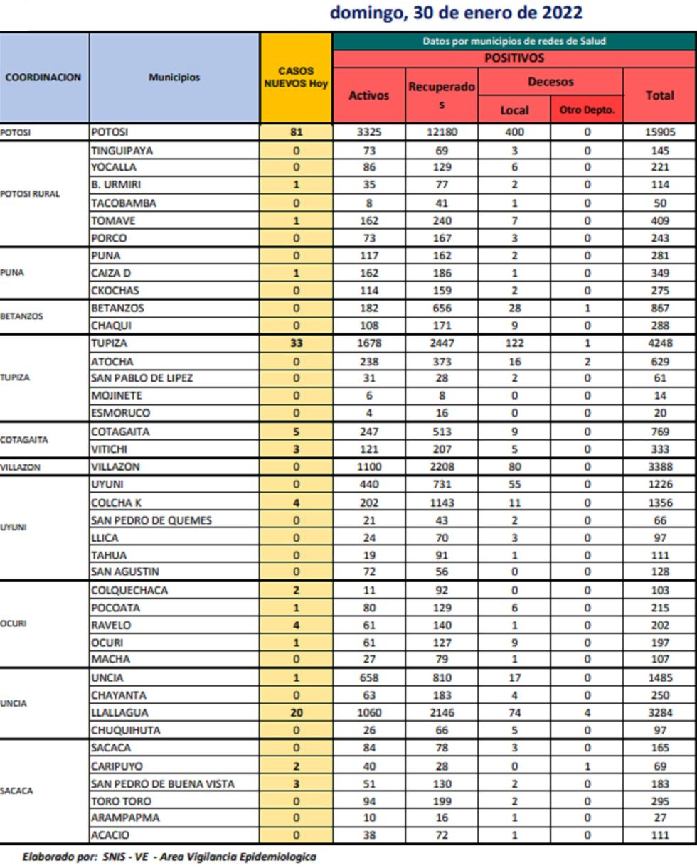 Reporte departamental del Sedes Potosí