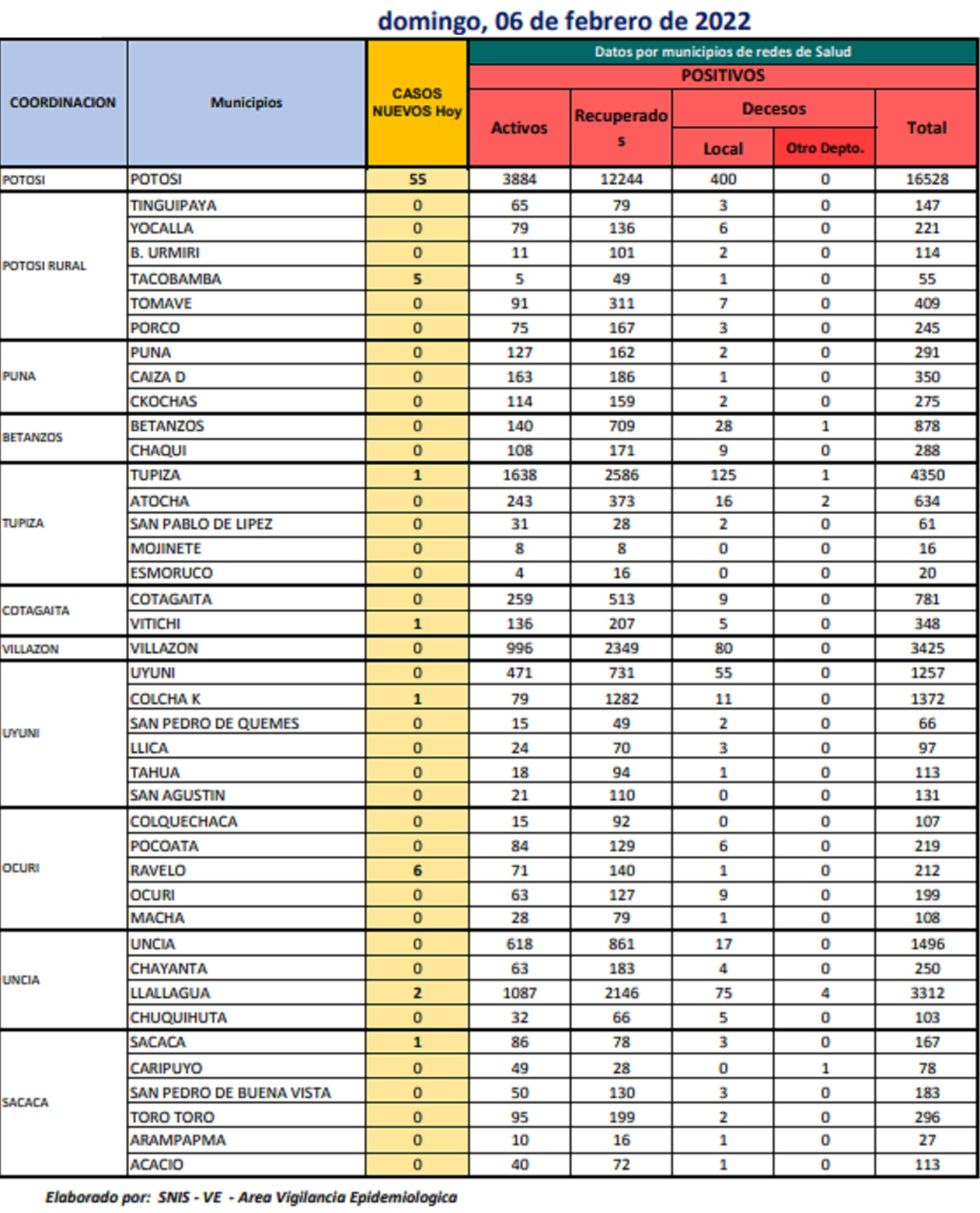 Reporte departamental del Sedes Potosí